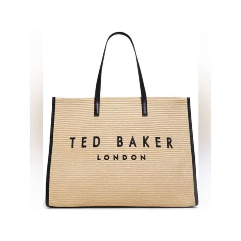 TED BAKER The Icon Palmer Tote Ivory Straw Black Faux Leather Embroidered Logo